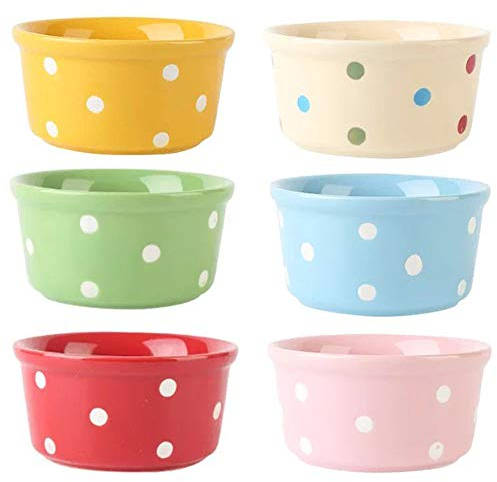 TAMUME 200ml Ramequins en Porcelaine et Assiettes à Soufflé pour Crème Brûlée, Bol de Cuisson en Céramique à Pois, Lot de 6 Bols à Pudding