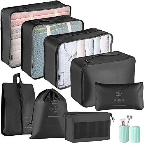 Packing Cubes for Suitcase,Geediar 9 PCS Travel Luggage Packing Organizers Waterproof Travel Essentials Bag Clothes Shoes Cosmetics Toiletries Storage Bags(e-Black)