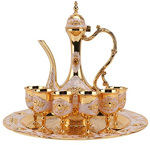 Vintage Turkish Coffee Pot Set with 6 Coffee Cups Metal Turkish Tea Set Tea Tray Teapot Tea Cups for Wedding Party Favor Supplies Golden