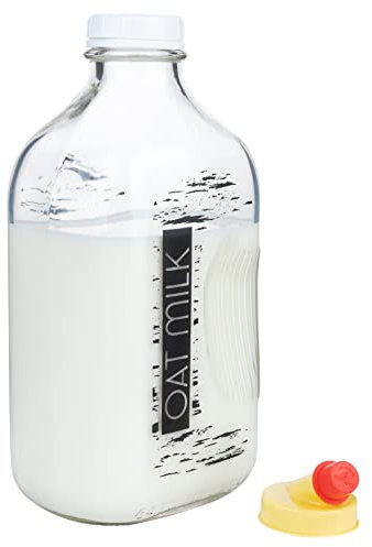 kitchentoolz Oat Milk Glass Bottle with Lids, Half Gallon Carafe, Container for Refrigerator, Pitcher with Cap and Pour Spout, Made in USA