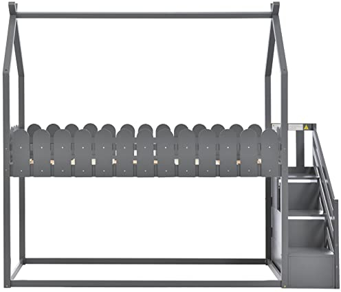 HUMNZR Massivholz Kinderbett, Jugendbett, Doppelbett Hausbett, 90x200 mit Rausfallschutz und Lattenrost,Grey
