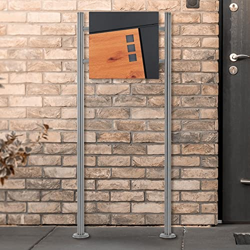 ECD Germany Standbriefkasten mit Zeitungsfach, Design Briefkasten mit Pfosten, Briefkastenanlage, Briefkastenständer Silber metallic 120 cm aus Edelstahl, Postkasten Anthrazit-Holzoptik aus Stahl