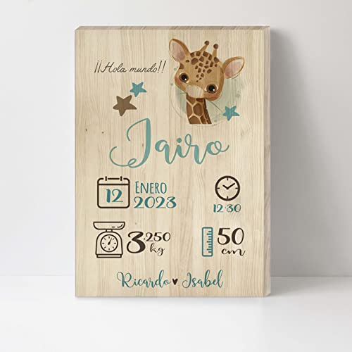 Natalicio de madera para bebés Jirafa Turquesa personalizado con nombre, regalo para recién niños nacidos con datos de bebé nombre fecha peso nacimiento pino tamaño 20x30 (Jirafa Turquesa)