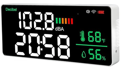 4-in-1-LED-Dezibelmesser, WiFi-Schallpegelmesser Zum Aufhängen an der Wand, 30-130 DB Bereich, 11-Zoll-große LED-Anzeige, Lärm-, Zeit-, Temperatur- und Feuchtigkeitsmesser, Breite