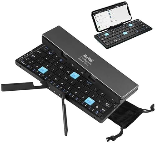 Leise Faltbare QWERTY Bluetooth Tastatur mit Magnetischem Ständer, Aluminium Mini Tragbare Kabellose Tastatur Wiederaufladbar für Tablet, iPad, Smartphones (Schwarz)