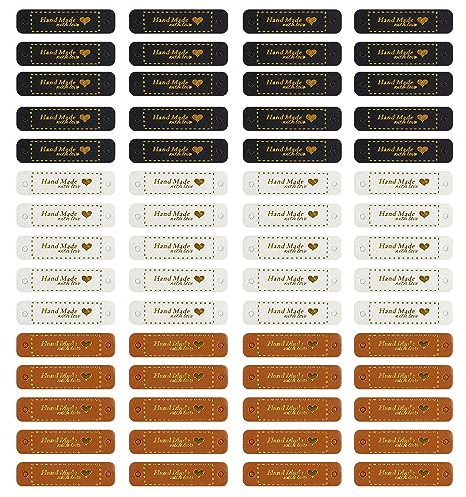 DIYCUT Handmade Label zum Annähen, 60 Stück Labels zum Annähen, PU Leder Handmade Label mit Liebes Herz, Taschenboden zum Häkeln Weich Langlebig für DIY-Kleidung, Jeans, Hüte, Strickwaren
