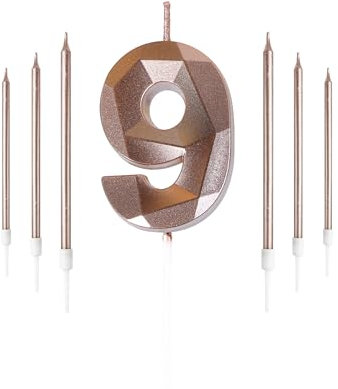 Yiran Rose Gold 9th Birthday Candles Set, Number 9 Candle with Long Candles, for Cake, Candle, Cake Topper Decorations Party Wedding Anniversary