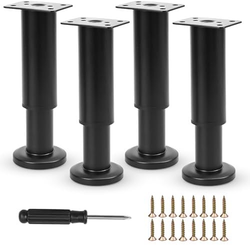 Furniture Adjustable Legs, Metal Bed Support Leg Central Slat Frame Couch Replacement Support Leg Part Heavy Duty Furniture Foot with Screwdriver for Cabinet/Dresser/Table/Sofa 12-18cm (Black 4 Pcs)