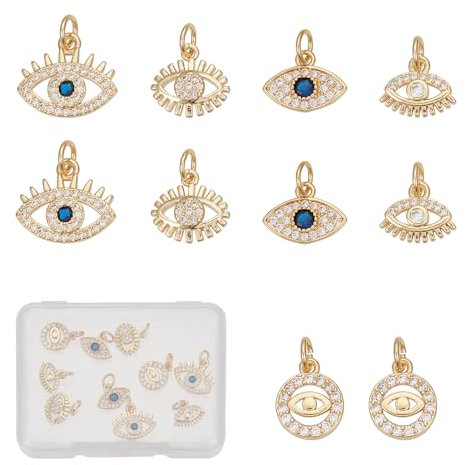 NICENEEDED 10 Pcs 18K Gold Plated Evils Eye Charms, Cubic Zirconia Devil's Eye Enamel Charms Pendants, Turkish Evil Eye Crystal Beads with Jump Rings for DIY Necklace Bracelet Jewelry Making