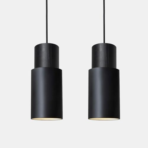 ouglres Pendelleuchte Glas 2 Stück,Schwarz Hängelampe Esstisch,Vintage Holz Küchenlampe Hängend,Industrial Zylinder Hängeleuchte E27 für Esszimmer,Schlafzimmer,Bar,Höhenverstellbar