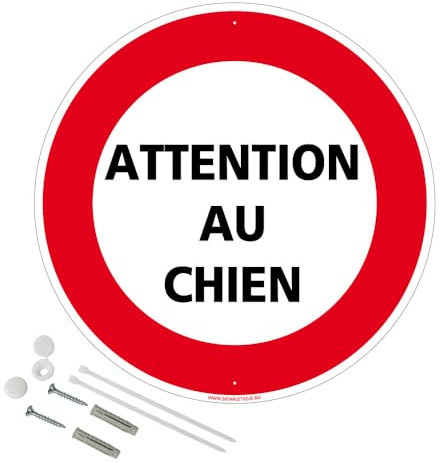 Panneau de signalisation rétro réfléchissant rond prépercé PVC ou ALU diam 250mm ou 300mm + Kit de fixation pour pose facile, rapide - Attention au chien -