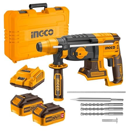 INGCO Marteau Perforateur Sans Fil 20V, Moteur Sans Balais, 0-1100 tr/min, SDS-Plus, 2.5J, Φ26MM Dans le Béton, avec 2 Batteries 4.0Ah et 1 Chargeur CRHLI202287