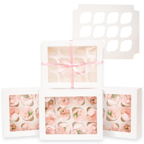 Gcardist Automatischer Popup 12 Cupcake-Boxen mit Fenster Weiße 6 Stück Cupcake-Boxen 33x25,4x9cm Bäckerei-Boxen für Cupcake-Träger, Cupcake-Behälter(13x10x3.5 inch)