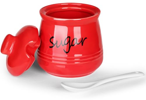 HAOTOP 12oz Ceramic Sugar Bowl with Lid and Spoon (Red) | 12oz, ceramic, lid & spoon, sugar dispenser, countertop