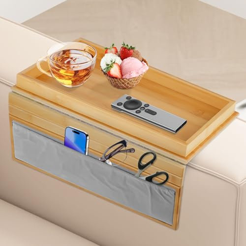 Bandeja para Sofá de Bambú Organizador de Reposabrazos Plegable con Bolsillo Lateral, Organizador de Mandos para Bebidas y Aperitivos, Posavasos para Reposabrazos -Base Antideslizante