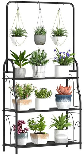 Outsunny Étagère à fleurs 3 niveaux support de plantes pour l'intérieur et l'extérieur en métal avec tige de suspension et 3 crochets pour balcon, salon, chambre, noir