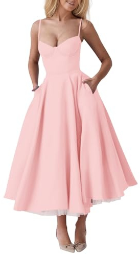 Femme Robe de Cocktail Business Vintage Soirée A-Line Robe de Soirée Sexy Dos Nu Bretelles Spaghetti Ajustables Col V Profond Midi Robe