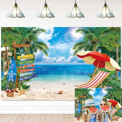 Summer Hawaiian Beach Backdrop Tropical Palm Trees Blue Sky Ocean Photography Background for Aloha Luau Party Decorations Background (7X5FT(82 x 59 inch))
