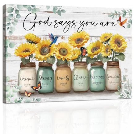 God Says You Are Framed Canvas Wall Art, Christian Inspirational Bible Verse Wall Painting Religious Scripture Encouragement Gifts for Women Sunflowers in Mason Jar Picture Decor for Bedroom 40x60cm