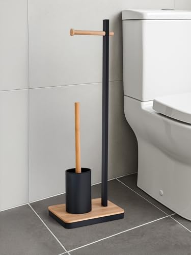 IlGruppone Piantana Portarotolo Cartaigienica Scopino Water Incluso Accessori WC Spazzolino Bagno Porta Rotoli Antiruggine umidità Accessori Moderni Bagno - Legno