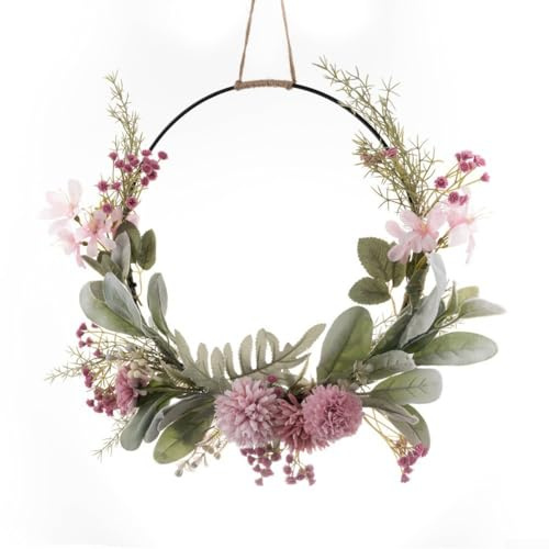 Door and Wall Floral Wreath with Silk and Plastic Artificial Flowers Including Dandelion, Chrysanthemum, Dahlia, Orchid, Mounted on Metal Ring Frame