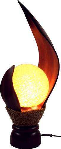 GURU SHOP Palmenblatt Tischlampe/Tischleuchte, in Bali Handgemacht aus Naturmaterial, Palmholz - Modell Livia, 48x18x18 cm