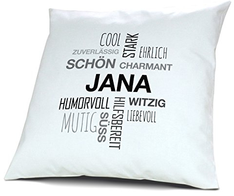 printplanet Kopfkissen mit Namen Jana - Motiv Positive Eigenschaften Tagcloud Schwarz, 40 cm, 100% Baumwolle, Kuschelkissen, Liebeskissen, Namenskissen, Geschenkidee