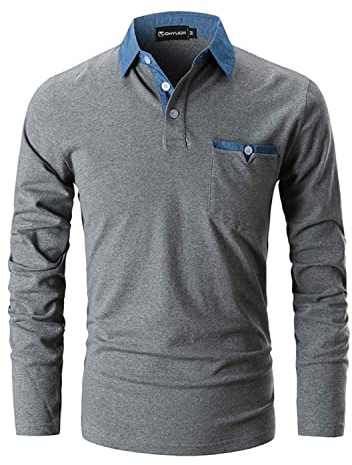 GHYUGR Poloshirts Herren Basic Langarm Baumwolle Polohemd Denim Nähen Golf T-Shirt S-XXL,Grau 1,L