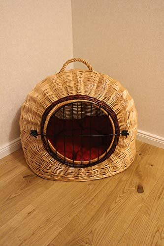 Katzentransportkorb Katzenschlafplatz aus Weide mit Metallgitter und Kissen L XL XXL Transportkorb Transportbox für Hunde oder Katzen (XXL=60x50x52cm)