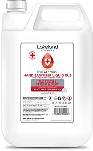 80% Alcohol Hand Sanitiser Liquid Rub - 5L Litre - Kills 99% Bacteria, Germs - Sanitizer (Single)