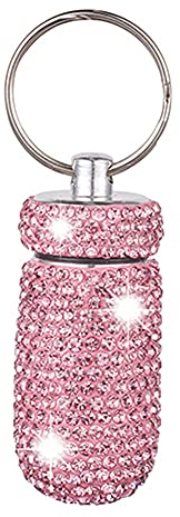 Bling Bling Pillenbox Schlüsselanhänger,MoreChioce Glitzer Strass Aluminiumlegierung Pille Fall Mini Pillendose Tragbare Pillenbehälter Schlüsselring Wasserdichte Pillenhalter Schlüsselbund,Rosa