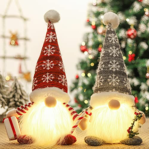 QIFU Light Up Gnome Christmas Decorations, 2pcs Red and Grey Christmas Gonk Gnome Lights, Christmas Light Up Ornaments, Handmade Swedish Santa Tomte Gnome for Indoor Decoration, Holiday Party Décor