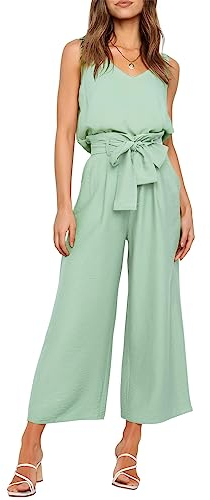 FANCYINN Damen 2 teiliges Crop Pants Set mit weitem Bein Wide Strap V-Ausschnitt Tank High Waist Cropped Paper Bag Hose mit Gürtel Mintgrünes Top und Hose mit weitem Bein XL