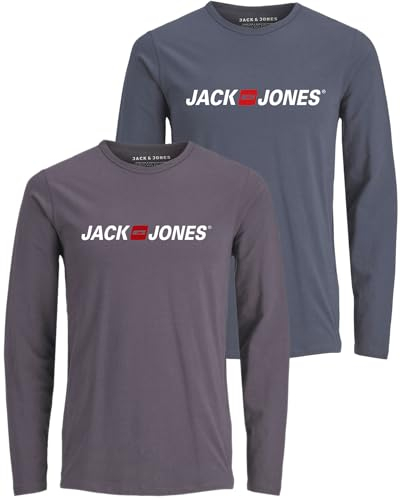 JACK & JONES Herren Langarmshirt aus Baumwolle – Longsleeve Männer – T-Shirt mit Langen Ärmeln aus Baumwolle - einzeln und Multipack (Ls 2-Mix 1 - XXL)(2-Mix Corp L/S Asphalt/Corp L/S Slate - XXL)