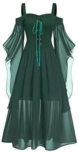 AMhomely Halloween Medieval Costume Women Butterfly Sleeve Maxi Cold Shoulder Steampunk Corset Dress Gothic Clothes Green