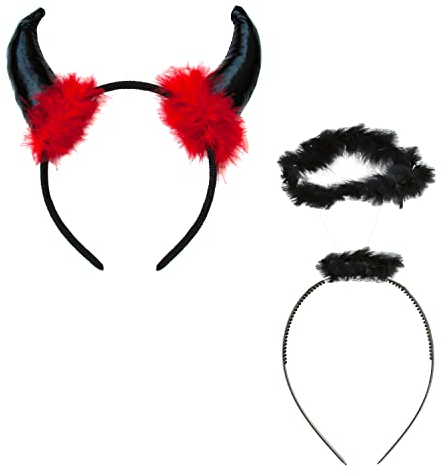 Oblique Unique® Haarreifen Set Teufel Hörner & Engel Heiligenschein Schwarz Haarreif für Halloween Fasching Karneval Motto Party Kostüm Accessoires Teufelshörner