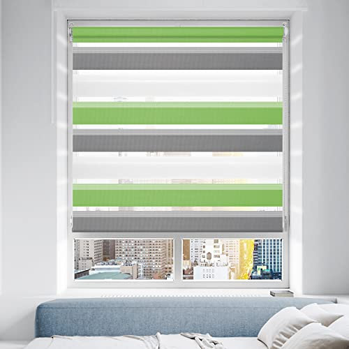 Doppelrollo Klemmfix ohne Bohren/mit Bohren, Duo Rollos für Fenster & Tür Grün-Grau-Weiß 70x150 (BxH) Lichtdurchlässig & Verdunkelnd Klemmrollo Fensterrollo Sonnenschutz Duo Rollo