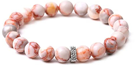 OZ Jewels Rotes Geädertes Jaspis-Naturstein-Elastikarmband - Heilender Glücksbringer Armreif mit 8mm Perlen - Dehnbare Perlen-Schmuck für Frauen und Männer, Einheitsgröße