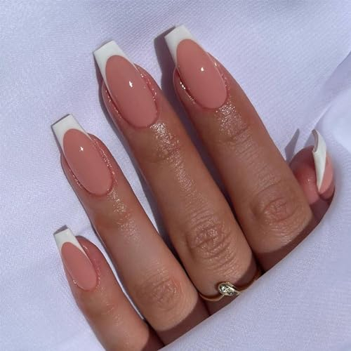 24pcs French Tip False Nails Long Coffin Press on Nails White Edge Nude Pink Stick on Nails Removable Glue on Fake Nails Acrylic Full Cover Nail Tips Art Accessories for Women