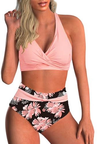 Yutdeng Costume da Bagno Donna Push Up Bikini Due Pezzi Stampa Swimwear Vita Alta Backless Mare Spiaggia,Rosa,M