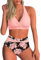 Yutdeng Costume da Bagno Donna Push Up Bikini Due Pezzi Stampa Swimwear Vita Alta Backless Mare Spiaggia,Rosa,M