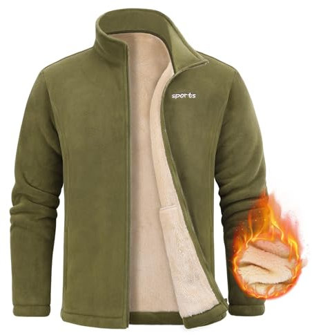 Nadeer Giacca da Uomo in Pile Felpa Senza Cappuccio Invernale Felpe con Zip Intera Calda Cappotto con Tasche Sport Fitness Outdoor Autunno Inverno(Verde militare,M)