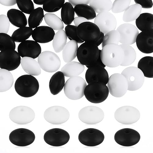 100 Pcs Silicone Beads for Keychain Making Silicone Lentil Beads Black White Silicone Focal Beads Painted Round Spacer Beads Loose Silicone Beads for Pens Necklace Bracelet Lanyard DIY Crafts Making