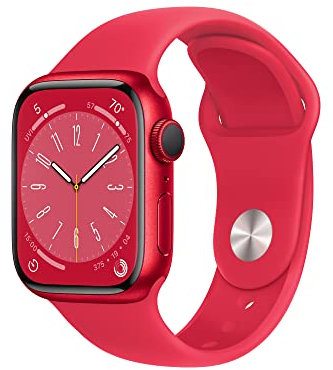 Apple Watch Series 8 (GPS 41mm) Smart watch - (PRODUCT) RED Aluminium Case with (PRODUCT) RED Sport Band - Regular. Fitness Tracker, Blood Oxygen & ECG Apps, Water Resistant (Renewed)