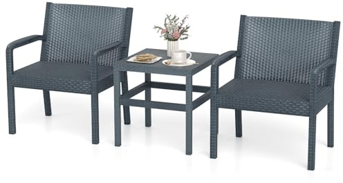 RELAX4LIFE Tavolo e Sedie da Esterno, Set Giardino a 3 Pezzi in Rattan Impermeabile, Tavolino Quadrato e 2 Poltrone con Rinforzo Traversa, per Terrazzo/Balcone/Piscina, Max 150KG+30KG (Grigio)
