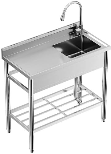 Freistehende Küchenspüle Edelstahlspüle Set 100x51x94cm Waschbecken mit Schüssel Wasserhahn, Ablage, Kalt- Und Warmwasserleitung, Kommerzielles Spülenset für Küche (1 Waschbeck + 1 Arbeitsplatz)