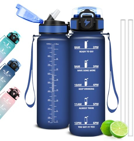 Mujigaga 1 Liter Trinkflasche, Trinkflasche Sport, für Erwachsene, Wasserflasche mit Strohhalm, Leicht zu Reinigen, für Gym, Outdoor