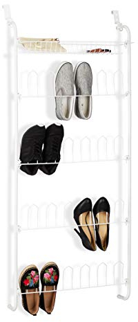 Relaxdays Zapatero colgante, 12 pares, Con cesto, 4 niveles, Hierro, Blanco, 144 x 60 x 19 cm