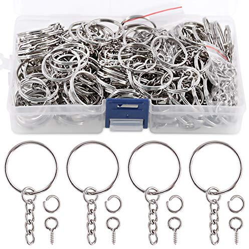 Swpeet Lot de 450 anneaux porte-clés argentés de 25 mm, y compris 150 anneaux porte-clés avec chaîne et 150 anneaux ouverts avec 150 épingles à œillet à vis en vrac – Boîte en plastique ou boîte en