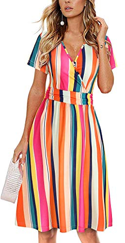 OUGES Women's Summer Short Sleeve V-Neck Floral Casual Ladies Dress with Pockets(FloralV,L)
